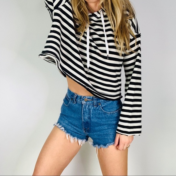 splendid striped crop distressed hoodie sweatshirt - Picture 2 of 8